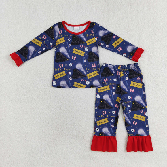 Believe Train Red Ruffles Navy Girls Christmas Pajamas