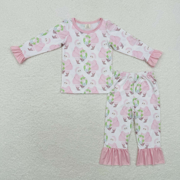 Bamboo Santa Pink Ruffles White Girls Christmas Pajamas