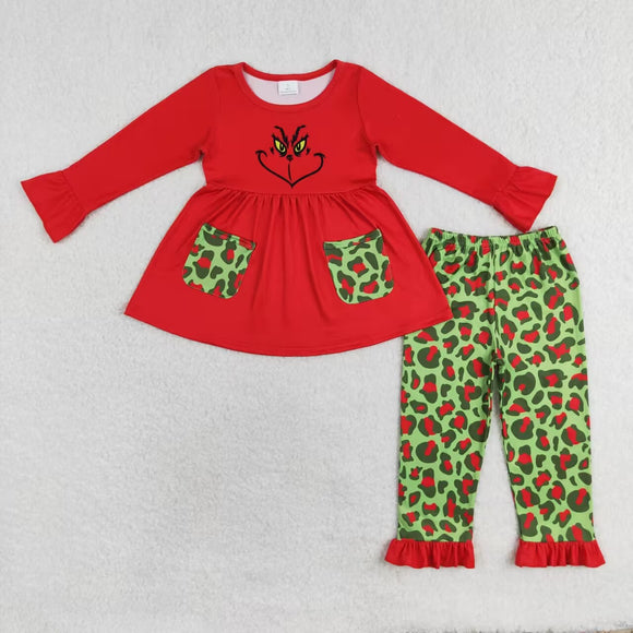 Cartoon Leopard Print Pockets Red Green Girls Christmas Outfits