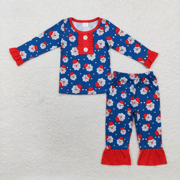 Bamboo Santa Red Ruffles Blue Girls Christmas Pajamas