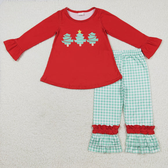 Tree Green Plaid Red Ruffles Girls Christmas Outfits