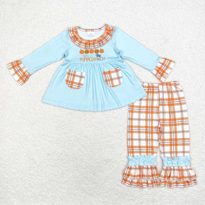 Pumpkin Patch Plaid Pockets Blue Girls Long Sleeve+Trousers Sets