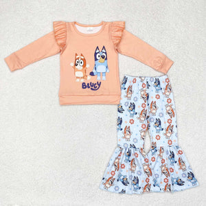 Cartoon Dogs Floral Orange Blue Girls Long Sleeve+Trousers Sets