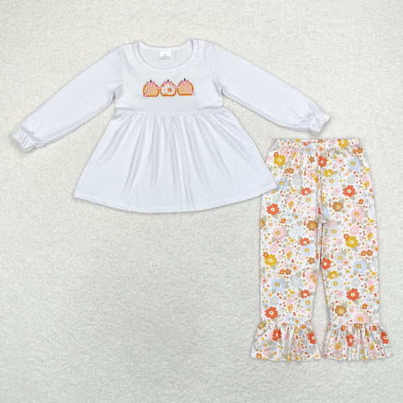 Pumpkin Floral White Girls Long Sleeve+Trousers Sets