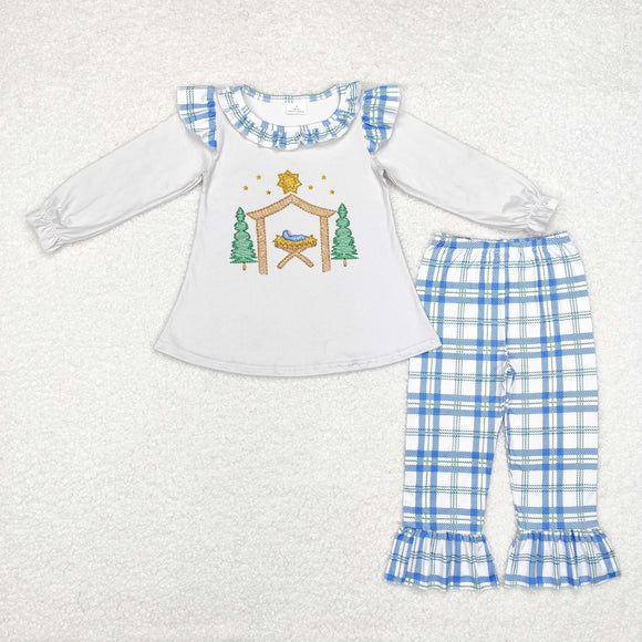 Jesus Blue Plaid Ruffles Gray Girls Christmas Outfits