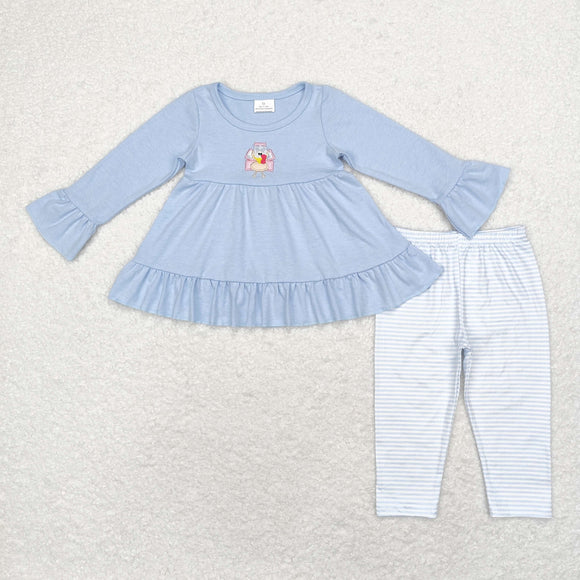 Floral Turkey Blue Stripe Girls Thanksgiving Outfits