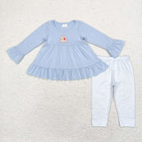 Floral Turkey Blue Stripe Girls Thanksgiving Outfits