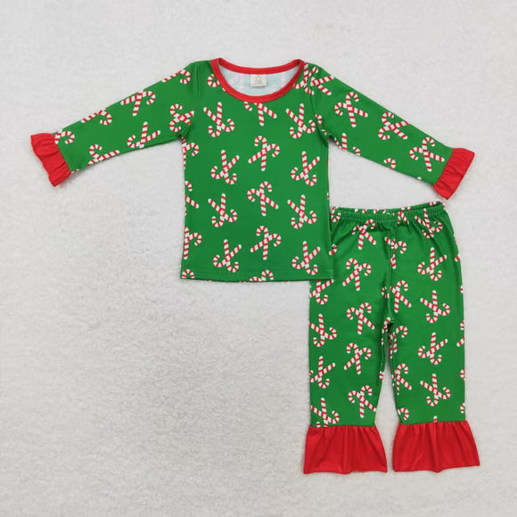 Bamboo Candy Cane Red Ruffles Green Girls Christmas Pajamas