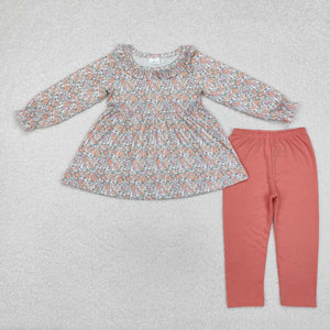 Floral Ruffles Coral Red Girls Long Sleeve+Trousers Sets