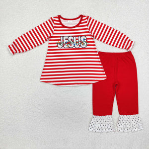 Jesus Lights Red Stripe Girls Christmas Outfits