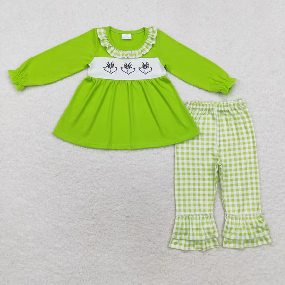 Smile Green Plaid Ruffles Girls Christmas Outfits