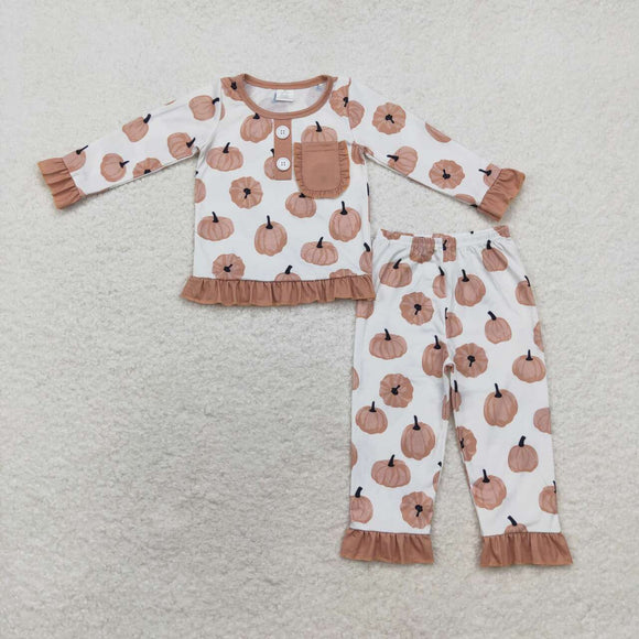 Bamboo Pumpkin Brown Ruffles Girls Long Sleeve Pajamas