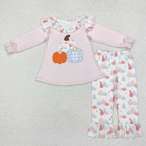 Pumpkin Pink White Girls Long Sleeve+Trousers Sets