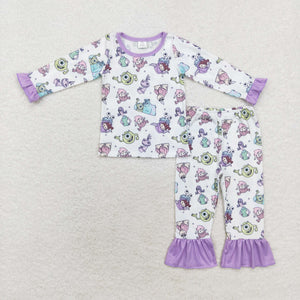 Bamboo Cartoon Monster Purple White Girls Long Sleeve Pajamas