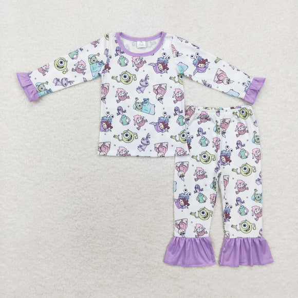 Bamboo Cartoon Monster Purple White Girls Long Sleeve Pajamas