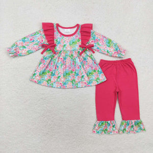 Floral Leaves Red Ruffles Girls Long Sleeve+Trousers Sets