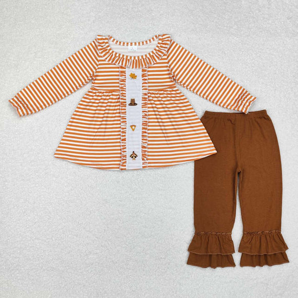 Leaves Hat Pie Turkey Orange Stripe Brown Girls Thanksgiving Outfits