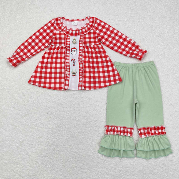 Tree Santa Candy Cane Reindeer Red Plaid Ruffles Girls Christmas Outfits