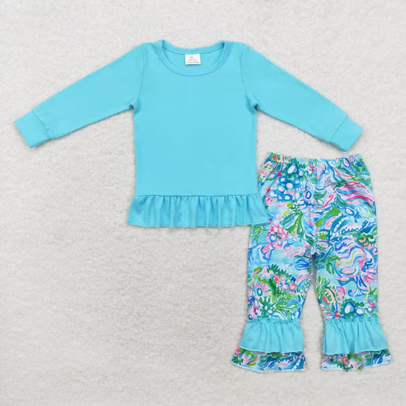 Sea Grass Solid Blue Girls Long Sleeve+Trousers Sets