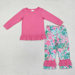 Floral Leaves Solid Pink Girls Long Sleeve+Trousers Sets