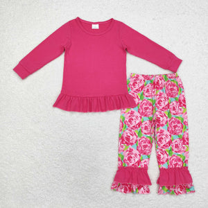 Floral Solid Hot Pink Girls Long Sleeve+Trousers Sets