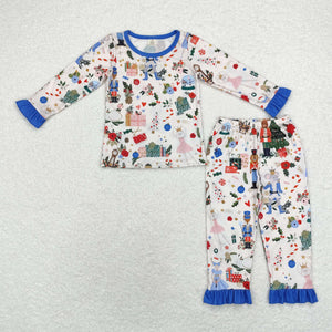 Bamboo Cartoon Ballet Blue Ruffles Beige Girls Christmas Pajamas