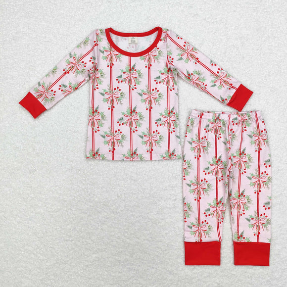 Bamboo Bow Pattern Pink Red Girls Christmas Pajamas