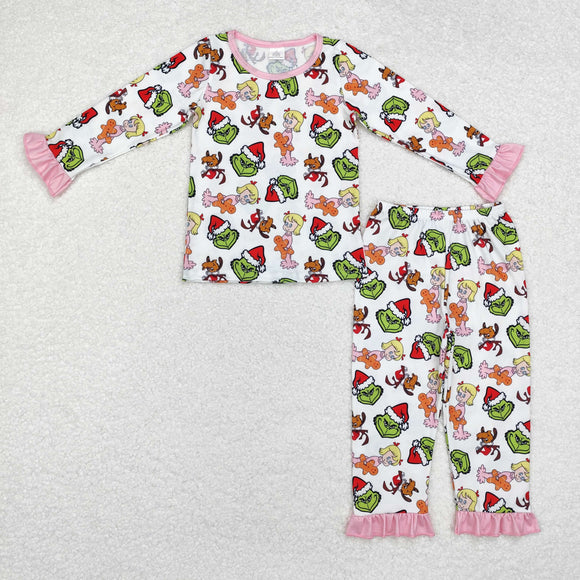 Bamboo Cartoon Pink Ruffles White Girls Christmas Pajamas