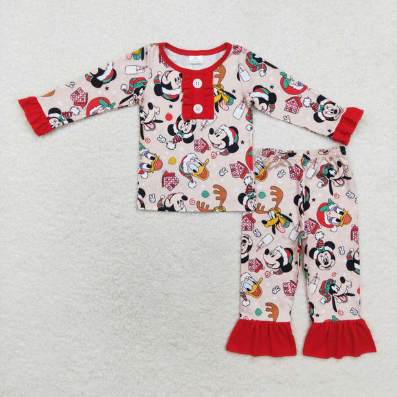 Cartoon Red Ruffles Girls Christmas Pajamas