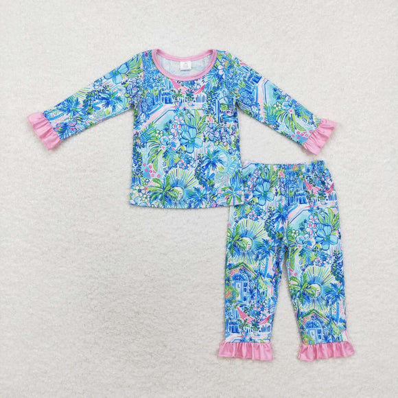 Bamboo Landscape Painting Pink Ruffles Girls Long Sleeve Pajamas