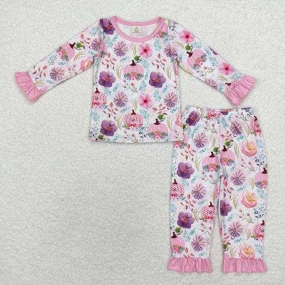 Bamboo Pumpkin Floral Pink Girls Long Sleeve Pajamas