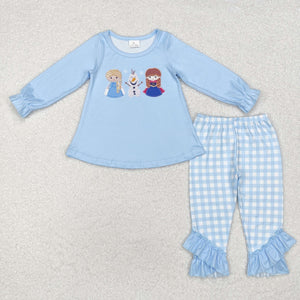 Cartoon Princess Blue Plaid Girls Long Sleeve+Trousers Sets