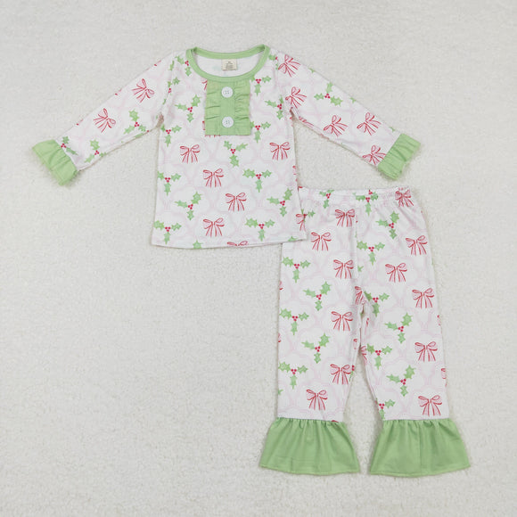 Bow Pattern Leaves Green Ruffles White Girls Christmas Pajamas