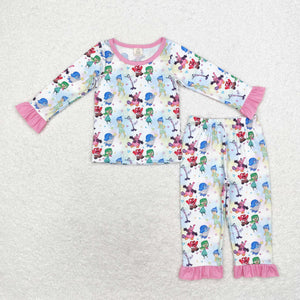 Bamboo Cartoon Pink White Girls Long Sleeve Pajamas