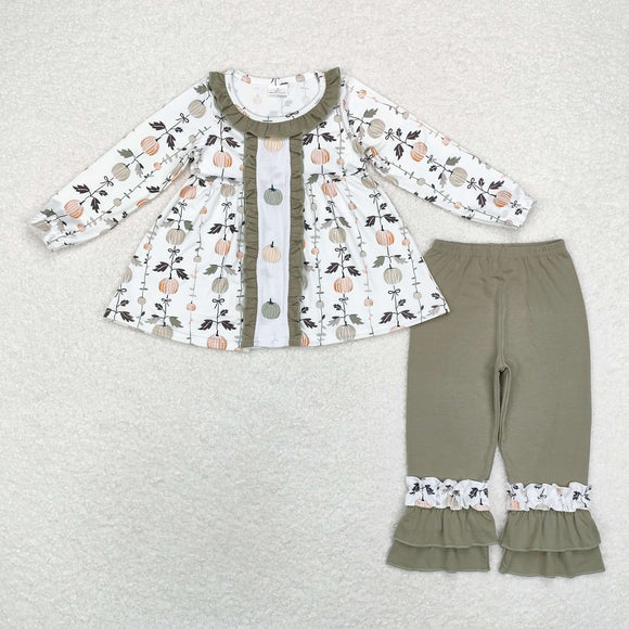 Pumpkin Leaves Green Ruffles White Girls Long Sleeve+Trousers Sets