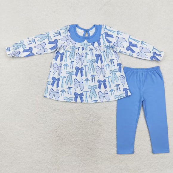 Bow Pattern Blue Doll Collar Girls Long Sleeve+Trousers Sets