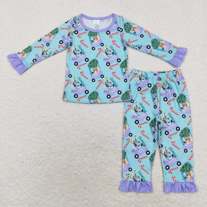 Bamboo Cartoon Dogs Candy Cane Blue Girls Christmas Pajamas