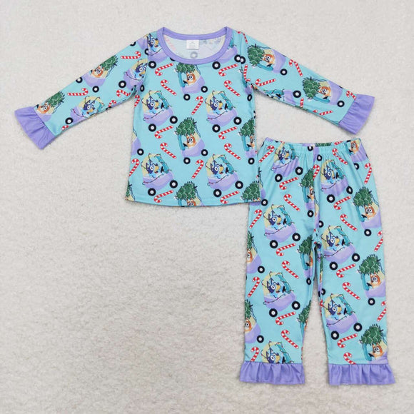 Bamboo Cartoon Dogs Candy Cane Blue Girls Christmas Pajamas