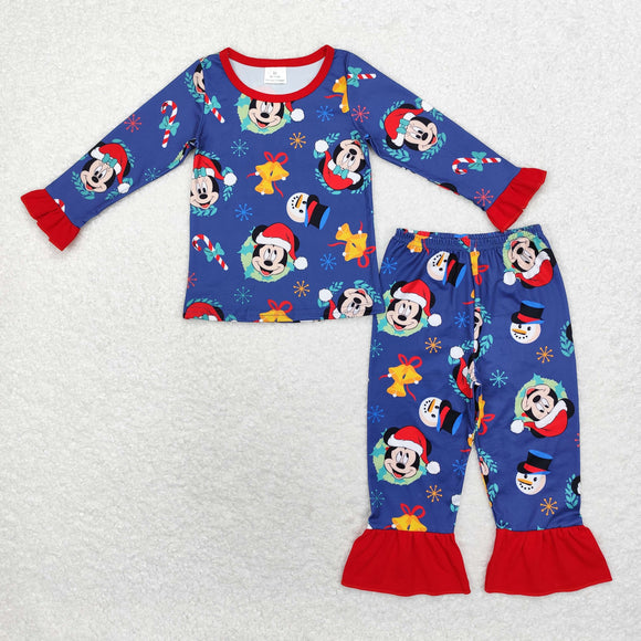 Cartoon Bell Blue Girls Christmas Pajamas