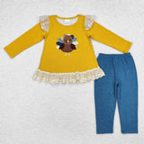 Floral Turkey Lace Ruffles Yellow Girls Thanksgiving Outfits