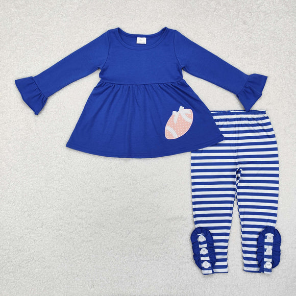 Bow Football Stripe Blue Girls Long Sleeve+Trousers Sets