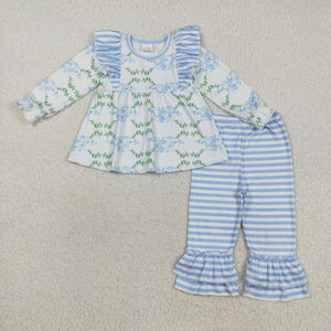 Bow Pattern Pumpkin Leaves Blue Stripe Girls Long Sleeve+Trousers Sets