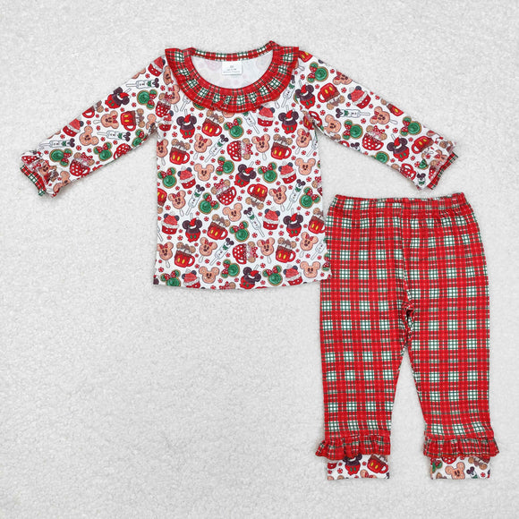 Cartoon Red Plaid Ruffles Girls Christmas Outfits