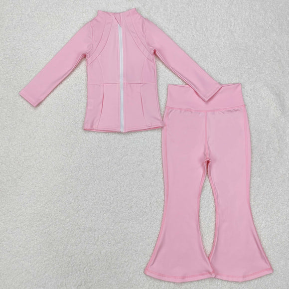 Solid Light Pink Yoga Girls Long Sleeve+Trousers Sets