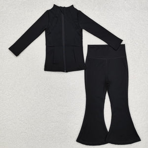 Solid Black Yoga Girls Long Sleeve+Trousers Sets