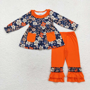 Floral Orange Pockets Ruffles Navy Girls Long Sleeve+Trousers Sets