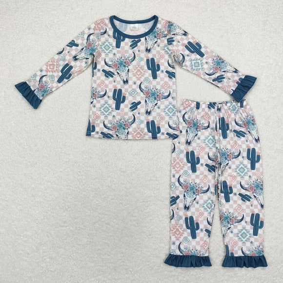 Bamboo Highland Cow Aztec Plaid Girls Long Sleeve Pajamas