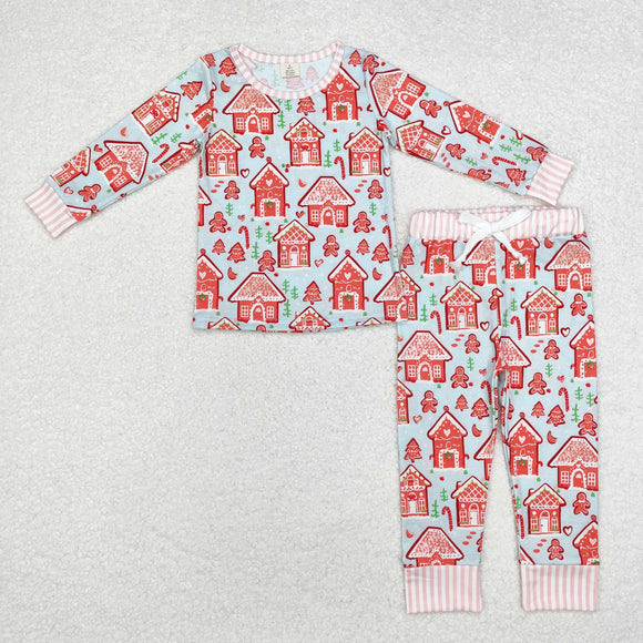 Bamboo Gingerbread House Pink Stripe Blue Girls Christmas Pajamas