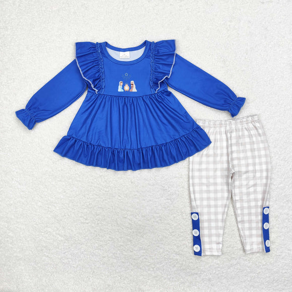 Jesus Plaid Blue Ruffles Girls Christmas Outfits