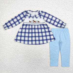 Duck Dog Blue Plaid Girls Long Sleeve+Trousers Sets